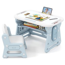 COSTWAY Kids Table and Chair Set Height Adjustable Toddler Drawing Table-Blue