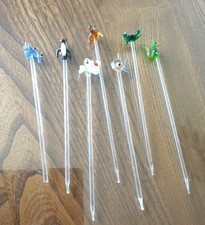 7 vintage animal dog GLASS SWIZZLE STICKS Cocktail Stirs Hand Blown Glass 