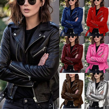 Women's Biker Jacket Slim Ladies Faux PU Leather Zip Formal Coat Plus Size UK