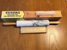 White Marble 45cm  Baking Rolling Pin With Wood Handles And Stand - unused