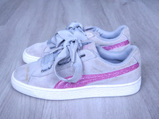 PUMA Suede Basket Girls Trainers Grey Suede & Pink Glitter Size 3 / 35.5