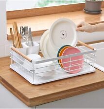 Dish Drainer Kitchen Metal Cutlery Draining Holder Plate Rack Sink Wooden Handle