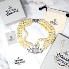 Vivienne Westwood Choker Necklace Pearl Triple Silver Orb Bas Relief And Box Set