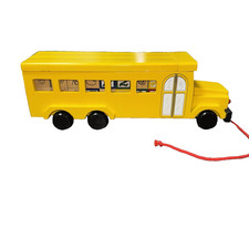 Wooden Yellow School Bus with Wood ABC/123 Blocks Removable Lid Red Pull String