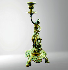 Antique Brass Lady Candlestick 12" Rococo Style Ornate Candle Holder c1900