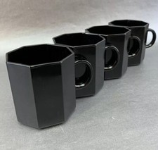 Arcoroc France BLACK Glass Octagonal Tea Coffee Cups Mugs Vintage Set Of 4