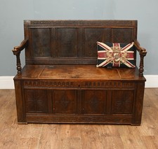 Antique Carved Oak Monks Bench