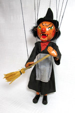 Early Vintage Pelham Puppet SM " WITCH " with wooden teeth and original box.