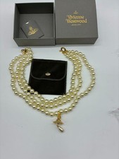 Vivienne Westwood necklace triple pearl drop GOLD White with drawstring a16932