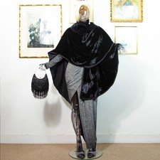 Vintage Black Silk Velvet Cape with Floral Collar | 1970s Opera Wrap | One Size
