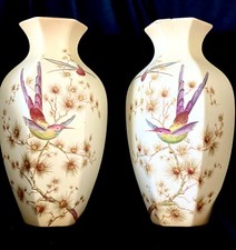 Antique Crown Ducal Pair Vases Handpainted with Humming Birds & Butterfly 25cm H