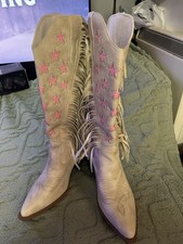 Ladies Faux Leather Beige With Pink Stars And Fringing Cowboy Boots Size 7.5