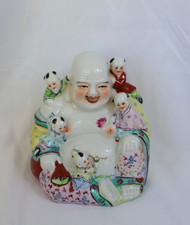 Vintage Ceramic Laughing Buddha with Climbing Children Colourful Jingzheng VGC