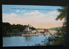Steamer Towing Freight Barge Sacramento River CA Linen