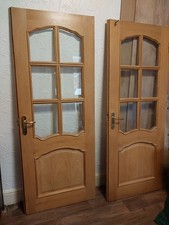 Solid Oak Double Internal Doors with Glazed Panels, 197cm H 78cm  4cm W Used