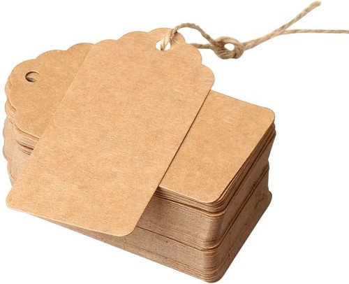Brown price tags with - string, |
