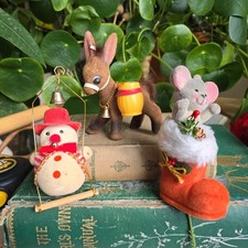 Vintage christmas decorations felted santas boot donkey snowman