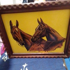Vintage art work on Board Equestrian Painting Pair of Horses heads wood frame