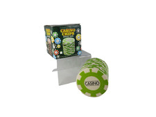 New Ceramic Casino Poker Chips Money Bank/Box Green+White Novelty Gift Boxed