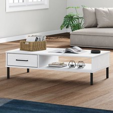 Festnight Coffee Table with Metal Legs White Solid Wood Pine OSLO, Table V8W3