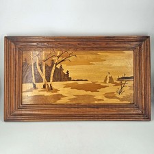 Vintage Wooden Marquetry Inlaid Art Wall Hanging Picture Framed Signed