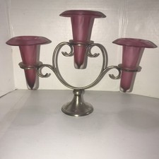 Antique Cranberry Satin Ringed Epergne Glass Horns Metal Stand English Art Glass