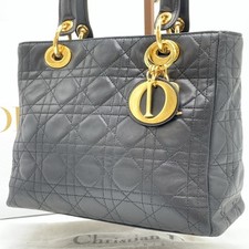 Christian Dior Lady Dior Cannage Handbag Tote Bag Black Quilted Lambskin Leather