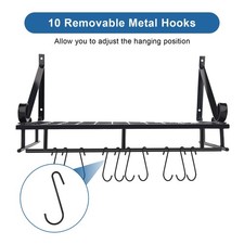 (45cm)Metal Hanging Pan Pot Rack Wall Mounted With 10 Hook Holders Kitchen St HG