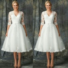 Boho Wedding Dresses V Neck Half Sleeves Tea Length Church Illusion Bridal Gowns