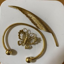 [Set of 3] Christian Dior Gold Feather Brooch Gold Butterfly Brooch Gold