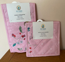 Pip Studio Double Oven Mitten/2 Pot Holders Hummingbirds/Pink Brand New