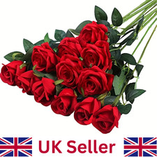 12x Artificial Single Rose Bud With Stem Silk Flowers Fake Bouquet Wedding Party