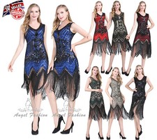 Gatsby Costume 1920's Cocktail Party Sequin Fringe Flapper V- Neck Short Dress
