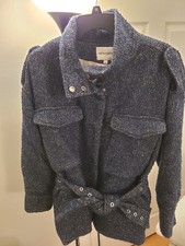 ANTIK BATIK Jacket Jacquard Quilted Wool Belt Blue Zipper, Size S 38