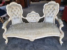 Antique French Louis cream wood frame sofa love seat cabriole legs