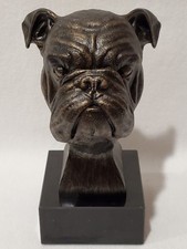Old English Dog Bulldog Head Bust Figurine Statue Sculpture Trophy Marble Base