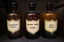 Set Of 3 Antique Glass Apothecary Chemist Bottles Large With Topper