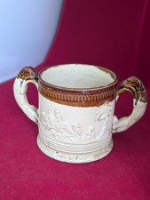 RARE 2 HOUND HANDLED FOX HUNTING MUG  ROCKINGHAM GLAZE YELLOW WARE