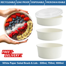 Disposable Round White Paper Bowls Salad & Lids | Deli Takeaway Food Containers