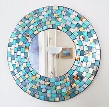 Round mosaic wall mirror, teal