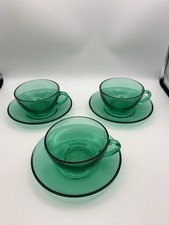 Arcoroc Set Of 3 Vintage Emerald Green Glass Cups & Saucers Made In France