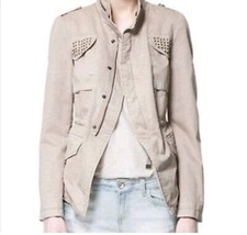 Zara Utility Jacket Studded Beige Tan Full Zip Women’s Size Small