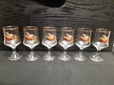 6 x Vintage Sherry Port Stemmed Glasses Pheasant Motifs Gold Gilt Rim Barware