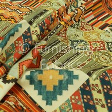 Kilim Aztec Patchwork Pattern Velour Velvet Printed Upholstery Curtain Fabrics