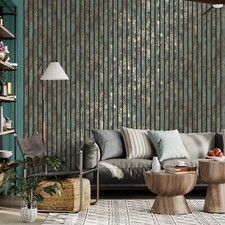 TEAL / COPPER CARBON OXIDISE STRIPE WALL PANEL WALLPAPER QUALITY CROWN M1750