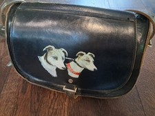 Vintage RARE Hand painted Greyhound Black Leather Cartridge Bag 70s Dog Tooled