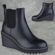 NEW WOMENS LADIES PLATFORM WEDGE HEEL ZIP UP CHELSEA ANKLE BOOTS SHOES SIZE