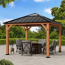 Wood Gazebo 11' x 11' Permanent Hardtop Pavilion with Sturdy Hooks for Garden