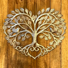 Heart Shape Tree Of Life Gold Metal Wall Art with Birds Hanging Home Decor
