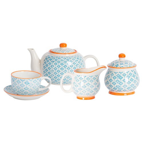 Piece hand printed tea set - 15, hand-printed